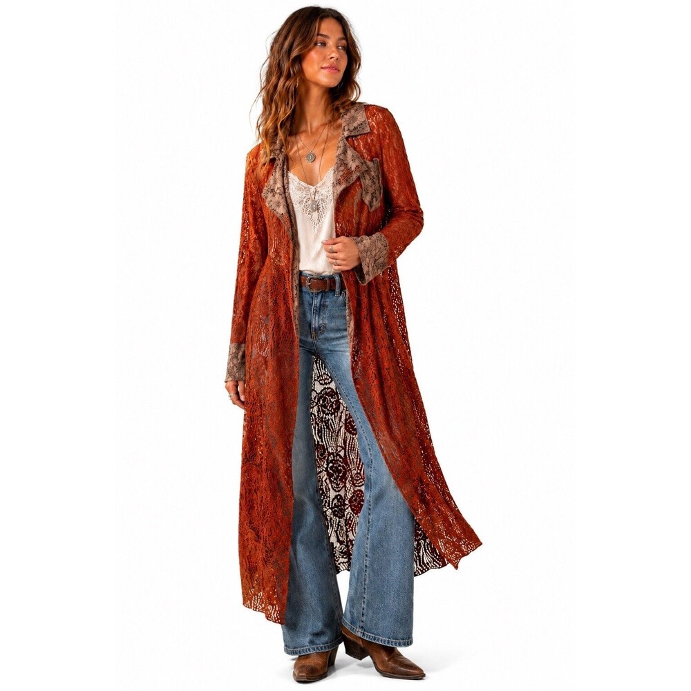 ADORE Rust Orange Lace Duster Jacket Boho Floral Crochet Longline Cardigan L/XL